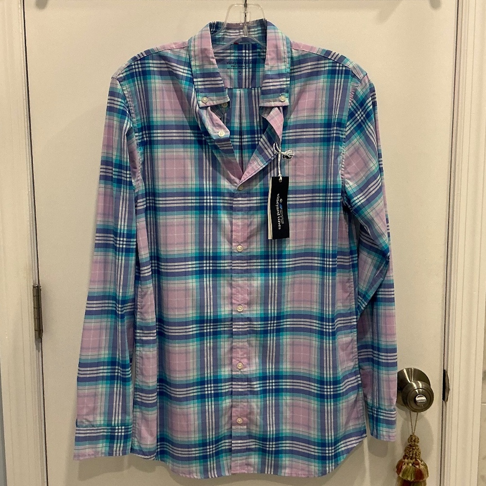 NWT Vineyard Vines OTG Performance Blue Lavendar Plaid Button Down Shirt XL